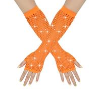 BrightGlow Gants en maille pour femme - Longs - En résille - Strass - Mode - Long filet - Gants de soirée - Gants d'opéra pour les années 80 - Accessoires de fête costumée, Orange, taille unique