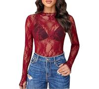 BrightGlow Haut sexy en dentelle transparente à manches longues col rond en maille pour femme élégant et décontracté Top en dentelle pour soirée en club, rouge bordeaux, S