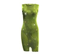 BrightGlow Robe sexy pour femme - En maille transparente - Strass brillants - Sans manches - Transparent - Paillettes - Robe de plage - Robe midi - Jupe en maille pour fête, boîte de nuit