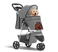 BRIGHTORIA Poussette à 3 roues pour chien et chat de taille moyenne/chiot, 13,6 kg, poussette pour 1 chat, poussette pliable avec panier de rangement et porte-gobelet, maille respirante à pois noirs