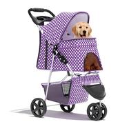 BRIGHTORIA Poussette pliable à 3 roues pour chiens de taille moyenne/chiot - 13,6 kg - Poussette pour 1 chat - Poussette pliable avec panier de rangement et porte-gobelet - Maille respirante - Pois