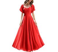 BRIGOW Robe courte à manches bouffantes Corset de demoiselle d'honneur en mousseline de soie A-line Longue robe de soirée formelle plissée BY073, Rouge, 44