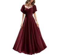 BRIGOW Robe courte à manches bouffantes Corset de demoiselle d'honneur en mousseline de soie A-line Longue robe de soirée formelle plissée BY073, bordeaux, 36