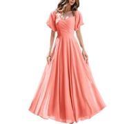 BRIGOW Robe courte à manches bouffantes Corset de demoiselle d'honneur en mousseline de soie A-line Longue robe de soirée formelle plissée BY073, corail, 56