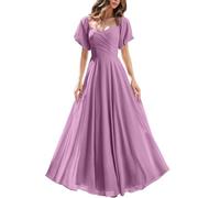 BRIGOW Robe courte à manches bouffantes Corset de demoiselle d'honneur en mousseline de soie A-line Longue robe de soirée formelle plissée BY073, Violet poussiéreux., 46