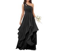 BRIGOW Une épaule en mousseline de soie robe de demoiselle d'honneur Volants Maxi A-ligne Empire taille fluide formelle élégante robe de soirée BY041, Noir , 52