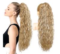 Brikabia Extensions de cheveux synthétiques bouclés et ondulés avec pince à clipser pour queue de cheval - 76 cm de long - Blond moyen avec mèches blondes