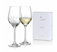 Brilant Romantic Passion Lot de 2 verres à vin blanc faits à la main avec cœurs gravés, lignes polies et cristaux Swarovski - Lot de 2 verres à vin modernes - 360 ml
