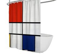 Brillant coloré Design Rideau de Douche Doublure Piet Mondrian célèbre Motif Impression Lavable Rideaux de Bain Blanc Fond Rouge Bleu W180xL180cm Rideau de Douche