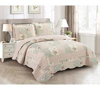 Brilliant Sunshine Parure de lit 3 pièces en Patchwork Traditionnel Rose et Sauge, avec Cadres de Boutons de Rose, 2 taies d'oreiller, Couvre-lit réversible, Couvre-lit léger, Toutes Saisons, lit