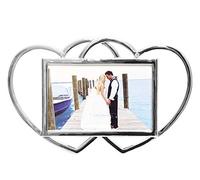 Brillibrum Cadre photo en forme de cœur avec deux cœurs argentés et chromés - Format 10 x 15 cm - Double cœur en métal argenté - Gravure jusqu'à 25 caractères