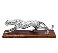 Brillibrum Statuette design Panther en métal sur socle en bois de manguier Sculpture léopard Décoration Figurine panthère argentée