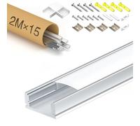 Brillivanture Profilé LED en U, aluminium, 2 m, diffuseur PC opalin, 17.4 × 7 mm, pour rubans LED jusqu'à 12 mm, 15 × 2 m = 30 m.