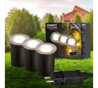 BRILONER - éclairage de jardin Connect to Shine 12V, lot de 3 spots encastrables au sol LED avec manchon, kit de base avec transformateur, IP67, lumière blanc chaud, 45x66 mm, argent