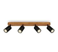BRILONER - Plafonnier LED rétro avec bois, luminaire plafonnier vintage à 4 flammes, Éclairage de Plafond, 4x GU10 douille, spot LED orientable, spot de plafond rustique, noir-bois, 550x60x85 mm
