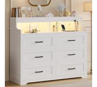 BRILVERDE Commode à 6 tiroirs, buffet avec RVB et USB, grande commode de rangement au design scandinave, commode à tiroirs pour chambre à coucher, salon, couloir, blanc