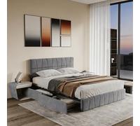 BRILVERDE Lit 160x200 cm avec sommier, Lit Rangement avec 4 tiroirs,Lit rembourré Gris Velours - Hauteur de tête de lit réglable, Forme géométrique, Gris