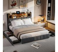 BRILVERDE Lit capitonné, 140 x 200 cm, avec 4 tiroirs, tête LED, avec Espace de Rangement et Chargement USB, Cadre en métal avec sommier à Lattes, lit de Rangement, lit d'adolescent, sans Matelas