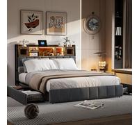 BRILVERDE Lit capitonné, 160 x 200 cm, avec 4 tiroirs, tête LED, avec Espace de Rangement et Chargement USB, Cadre en métal avec sommier à Lattes, lit de Rangement, lit d'adolescent, sans Matelas