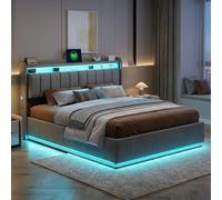 BRILVERDE Lit Coffre 140x190cm avec sommier,Lit rembourré en Velours, avec éclairage LED Port Chargement USB/USB-C, Tête de lit avec Espace de Rangement, Gris,Convient aux Adultes et aux Adolescents