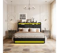 BRILVERDE Lit Coffre 160x200 avec sommier, éclairage LED d'ambiance, Rangement tête de lit, lit Double avec Rangement, Convient aux Adultes et Adolescents (Noir-PU)
