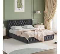 BRILVERDE Lit Double Rembourré en Tissu Velours, 180 x 200 cm, Avec Sommier à Lattes et Coffre de Rangement, Fonctionnel, Pour Adultes et Adolescents, Sans Matelas