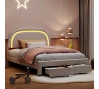 BRILVERDE Lit simple rembourré, 140 x 200, avec LED et 2 tiroirs, lit rembourré avec sommier à lattes en bois, lit avec espace de rangement pour adultes, sans matelas