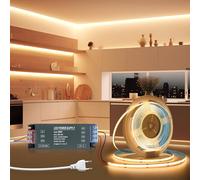 BRIMETI Ruban LED 5M 12V COB Autocollant Bande LED Blanc Chaud 3000K Flexible Découpable 320LED/M Largeur 8mm, Avec Transformateur 220V 12V 100W et Alimentation avec Fiche,pour Maison Chambre Miroir