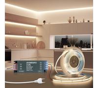 BRIMETI Ruban LED 5M 12V COB Autocollant Bande LED Cuisine Blanc Naturel 4000K Flexible Découpable 320LED/M Largeur 8mm, Avec Transformateur 220V 12V 100W et Alimentation avec Fiche,pour Maison