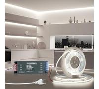 BRIMETI Ruban LED 5M 24V COB Autocollant Bande LED Blanc Froid 6000K Flexible Découpable 320LED/M Largeur 8mm, Avec Transformateur 220V 24V 100W et Alimentation avec Fiche,pour Maison Chambre Miroir