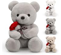BRIMOREA Ours en peluche avec rose - 23 cm - Jouet décoratif pour chambre d'enfant et fille - Cadeau d'anniversaire et de Saint-Valentin - Gris