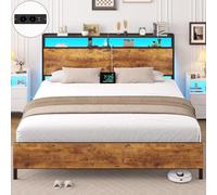 Brinlawb Cadre de Lit 140x200 avec sommier en Métal, Lit 2 Personnes avec LED et Multiprise (2 Prises CA, 2 Ports USB), lit Double avec étagère de Rangement, Facile à Assembler, Marron Vintage Noir