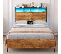 Brinlawb Cadre de Lit 90x200 avec sommier en Métal, Lit 90 x 200 cm avec LED et Multiprise (2 Prises CA, 2 Ports USB), lit 1 personne avec étagère de rangement, Facile à assembler, Marron Vintage Noir