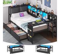 Brinlawb Canapé Lit 90x190 cm avec éclairage LED et multiprise, Cadre de Lit 90x190 cm avec Une Table et Deux Grands tiroirs, Lit Banquette Lit Enfant 90x190, Tête de Lit à Dossier Rembourré, Noir