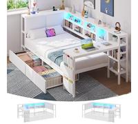 Brinlawb Canapé Lit 90x190 cm avec éclairage LED et multiprise, Cadre de Lit 90x190 cm avec Une Table et Deux Grands tiroirs, Lit Banquette Lit Enfant 90x190, Tête de Lit à Dossier Rembourré, Blanc