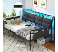 Brinlawb Canapé Lit 90x200 avec Éclairage LED Réglable et Multiprise 4-en-1, Lit 90x200 avec Sommier et Rangement, Banquette lit avec Dossier Capitonné en Gris, Facile à Assembler, sans Matelas