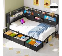 Brinlawb Canapé Lit 90x200 cm avec 6 Tiroirs, Éclairage LED et Multiprise (2 Prises AC, 2 Ports USB) Lit Banquette avec Tête de Lit Capitonnée, 3 Compartiments de Rangement, Lit Enfant 90x200 cm, Noir