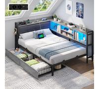 Brinlawb Canapé Lit 90x200 cm avec Éclairage LED et Multiprise(2 Prises AC 2 Ports USB) Lit Banquette 90x200 avec 4 Compartiments et 2 Tiroirs, Tête de Lit à Dossier Rembourré, Lit Enfant, Chêne Gris