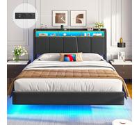 Brinlawb Lit 140x200 avec Sommier, Cadre de lit 140x200cm avec Éclairage LED et 2 Prises CA & 2 Ports USB, Tête de lit Rembourrée avec Rangement, Structure Stable, Effet Flottant, Tissu en Lin, Gris