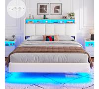 Brinlawb Lit 140x200 avec Sommier, Cadre de lit 140x200cm avec Éclairage LED et 2 Prises CA & 2 Ports USB, Tête de lit Rembourrée avec Rangement, Structure Stable, Effet Flottant, Tissu en Lin, Blanc
