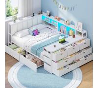 Brinlawb Lit 140x200 cm avec Bureau intégré, Commode 7 Tiroirs, Blanc | Tête de lit rembourrée, 2 tiroirs sous lit, installation réversible, prises AC & USB-C, USB-A, LED RGB, Design d'angle en L