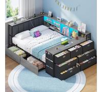 Brinlawb Lit 140x200 cm avec Bureau intégré, Commode 7 Tiroirs, Chêne gris | Tête de lit rembourrée, 2 tiroirs sous lit, installation réversible, prises AC & USB-C, USB-A, LED RGB, Design d'angle en L