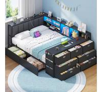 Brinlawb Lit 140x200 cm avec Bureau intégré, Commode 7 Tiroirs, Noir | Tête de lit rembourrée, 2 tiroirs sous lit, installation réversible, prises AC & USB-C, USB-A, LED RGB, Design d'angle en L