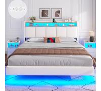 Brinlawb Lit 160x200 avec Sommier, Cadre de lit 160x200cm avec Éclairage LED et 2 Prises CA & 2 Ports USB, Tête de lit Rembourrée avec Rangement, Structure Stable, Effet Flottant, Tissu en Lin, Blanc