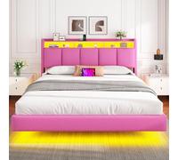 Brinlawb Lit 160x200 avec Sommier, Cadre de lit 160x200cm avec Éclairage LED et 2 Prises CA & 2 Ports USB, Tête de lit Rembourrée avec Rangement, Structure Stable, Effet Flottant, Tissu en Lin, Rose