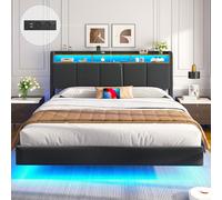 Brinlawb Lit 160x200 avec Sommier, Cadre de lit 160x200cm avec Éclairage LED et 2 Prises CA & 2 Ports USB, Tête de lit Rembourrée avec Rangement, Structure Stable, Effet Flottant, Tissu en Lin, Gris