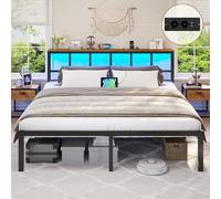 Brinlawb Lit 180x200 avec Sommier,Lumières LED & Multiprise,Métal,Noir | Lit 180x200 avec Rangement,Cadre en Métal, (2 Prises AC,2 Ports USB),Marron Vintage&Noir
