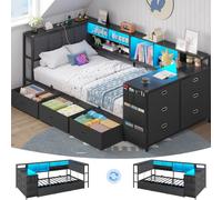 Brinlawb Lit Banquette 90x190 cm Canapé Lit avec 1 Bureau et 1 Commode à 6 Tiroirs, Lit Enfant avec Éclairage LED et Multiprise(2 Prises AC, 2 Ports USB), Lit 1 Place avec Tête de Lit Rembourrée, Noir