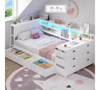 Brinlawb Lit Banquette 90x200 cm Canapé Lit avec 1 Table et 1 Commode à 6 Tiroirs, Lit Enfant avec Éclairage LED et Multiprise (2 Prises AC, 2 Ports USB) Lit 1 Place avec Tête de Lit Rembourrée, Blanc