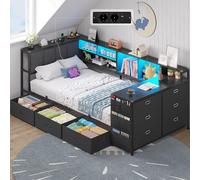 Brinlawb Lit Banquette 90x200 cm Canapé Lit avec 1 Table et 1 Commode à 6 Tiroirs, Lit Enfant avec Éclairage LED et Multiprise(2 Prises AC, 2 Ports USB), Lit 1 Place avec Tête de Lit Rembourrée, Noir